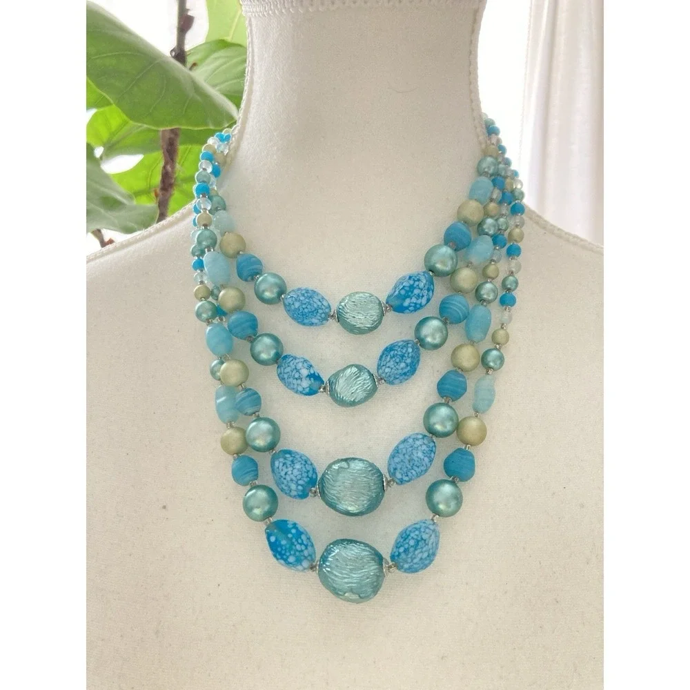 Vintage Aqua Blue Multi Strand Beaded Statement Necklace Art Glass Faux Pearl